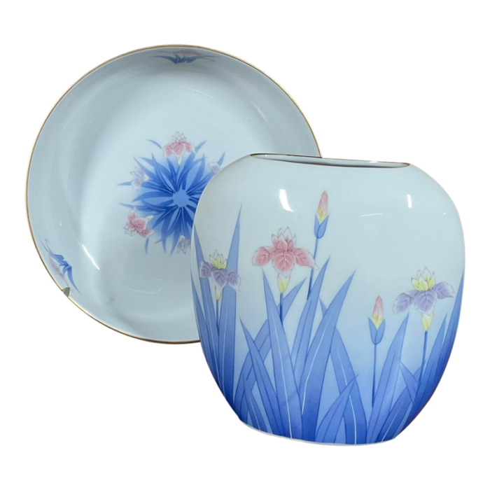 1980s ortagiri porcelain iris vase and bowl set of 2 9537