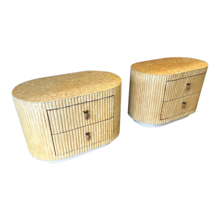 1980s pair of attributed to enrique garcel tessellated bone two drawer oval nightstands signature wood tassel handles 8593