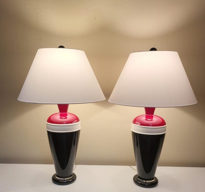 1980s post modern ceramic table lamps with shades a pair 3929