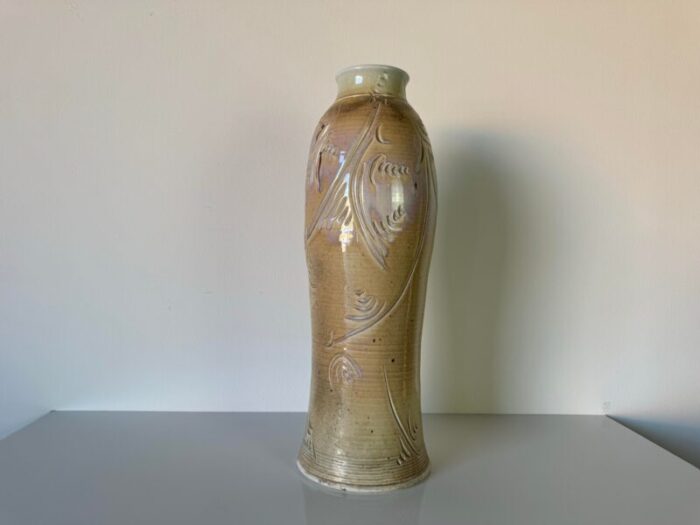 1980s tall vintage beige glazed pottery vase 4683