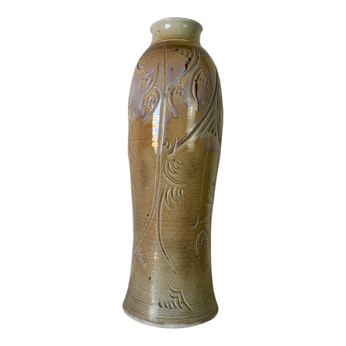 1980s tall vintage beige glazed pottery vase 9857