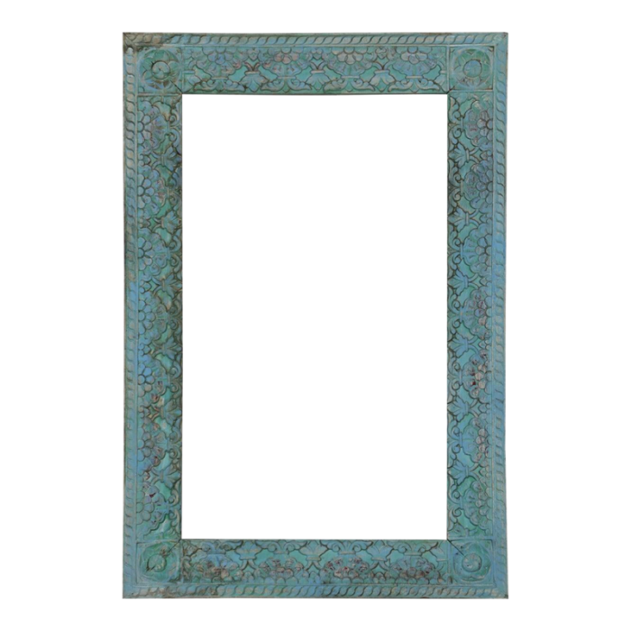 1990s distressed blue hand carved solid wood tall wall mirror 2342