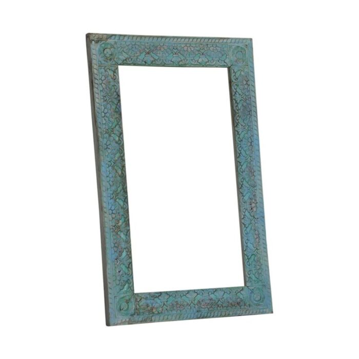 1990s distressed blue hand carved solid wood tall wall mirror 5667