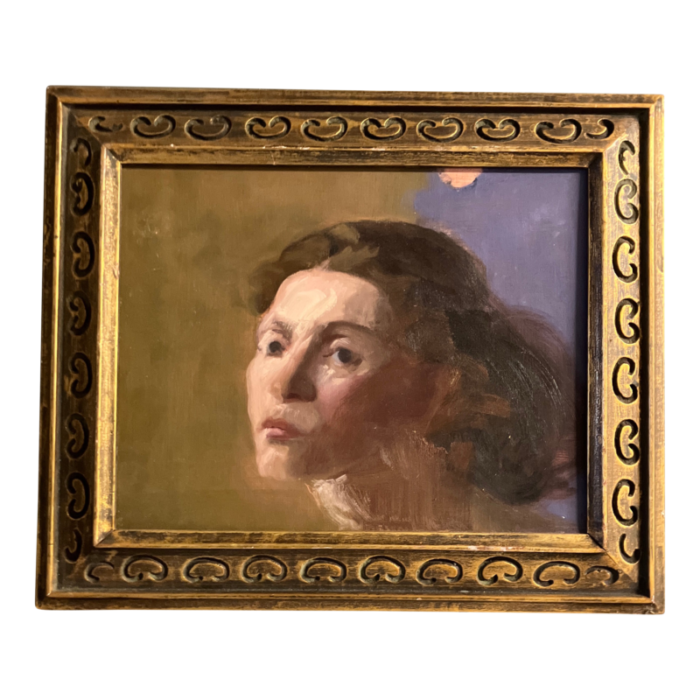 1990s original contemporary impressionist female portrait painting vintage carved wood frame 6657