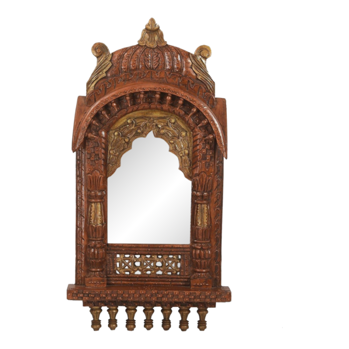 1990s ornate carved jharokha tall mirror with copper hand painting 2746