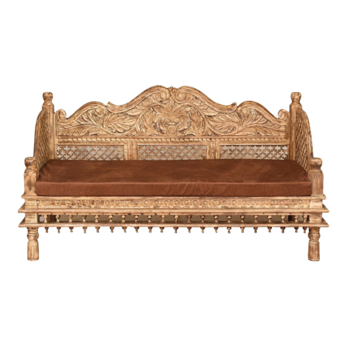 1990s ornate hand carved wooden indian bench sofa with seat cushion for entryway 5326