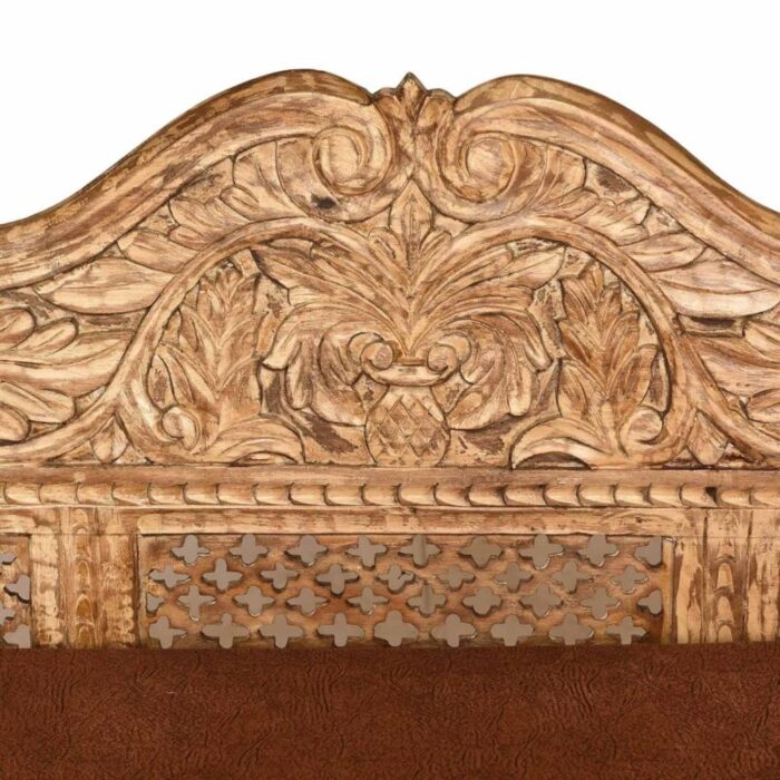 1990s ornate hand carved wooden indian bench sofa with seat cushion for entryway 5561