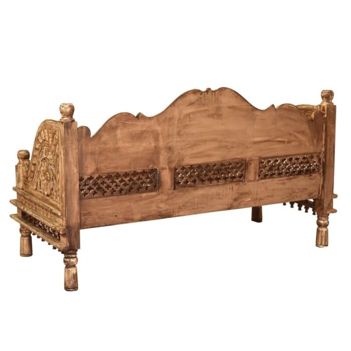 1990s ornate hand carved wooden indian bench sofa with seat cushion for entryway 9833