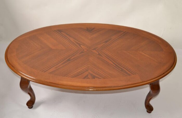 1990s queen anne cherry wood coffee table carved apron cabriole legs henkel harris style 0227