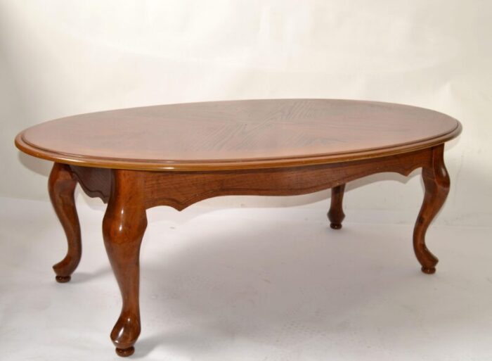 1990s queen anne cherry wood coffee table carved apron cabriole legs henkel harris style 0768