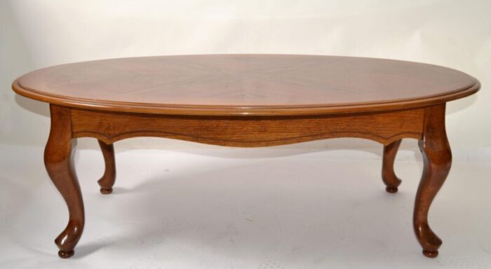 1990s queen anne cherry wood coffee table carved apron cabriole legs henkel harris style 8386