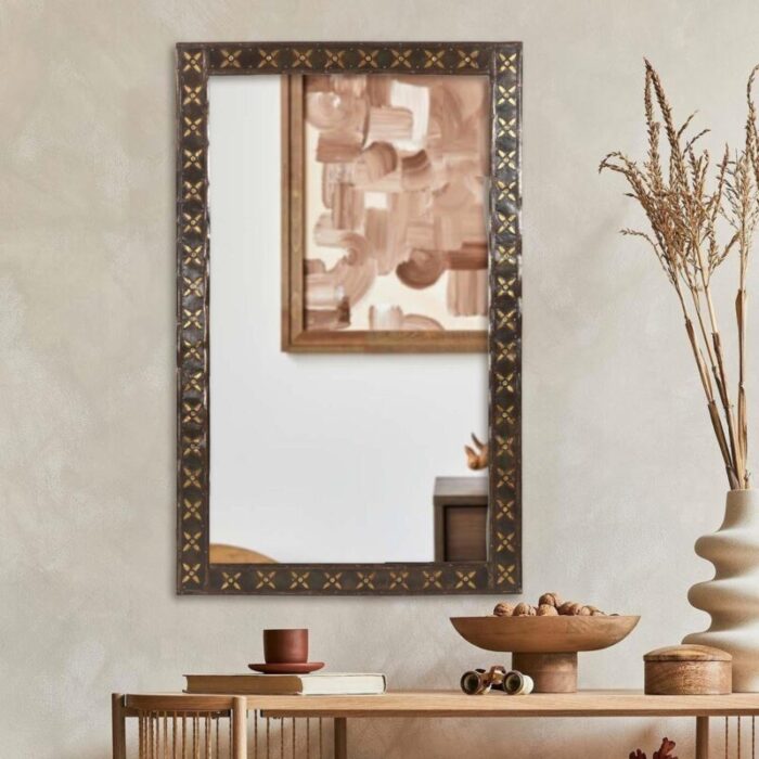 1990s transitional style wooden mirror with brass accents 3053