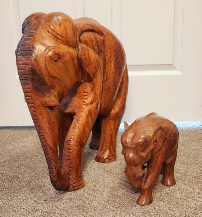 1990s vintage hand carved teak wood elephant sculptures set of 2 0657