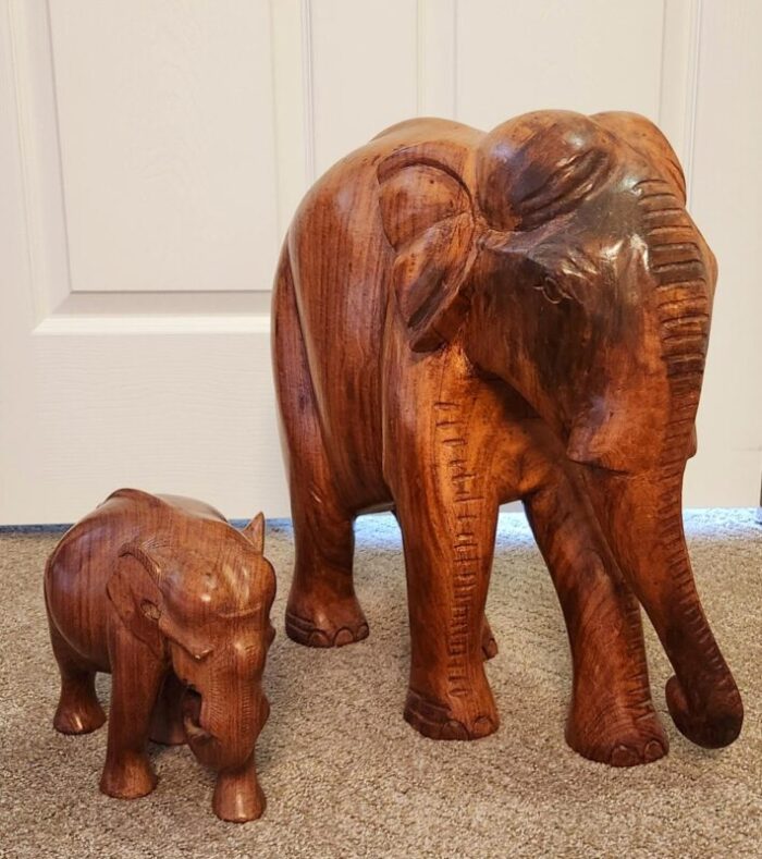 1990s vintage hand carved teak wood elephant sculptures set of 2 3446