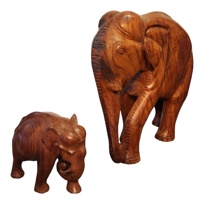 1990s vintage hand carved teak wood elephant sculptures set of 2 8949