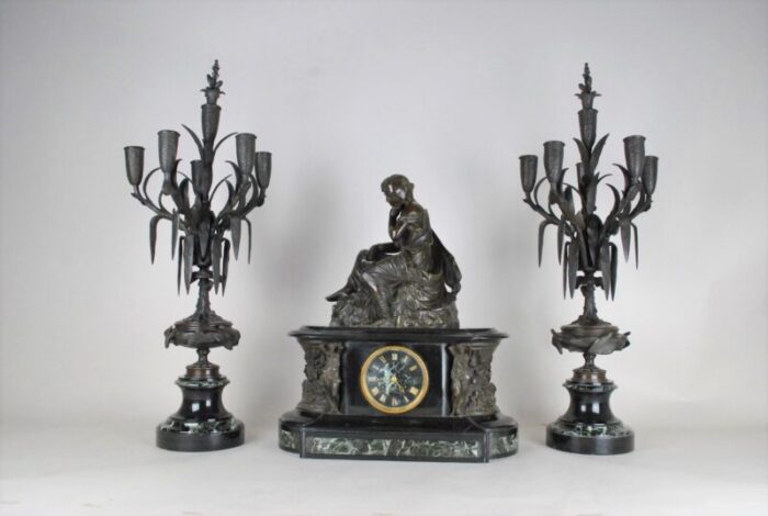 19th century bronze and marble clock and candleholders by james pradier set of 3 1