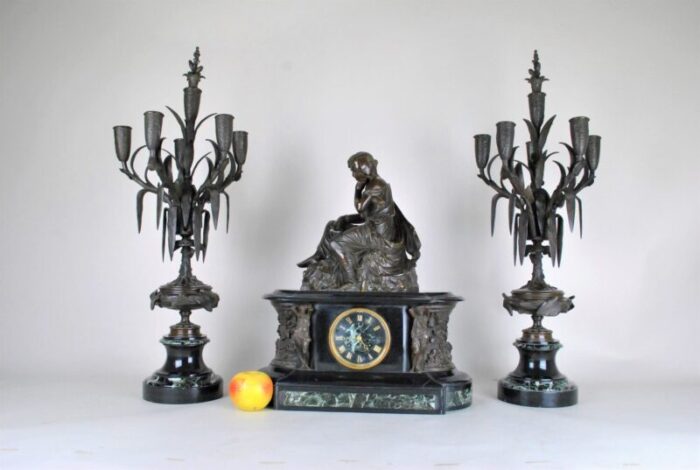 19th century bronze and marble clock and candleholders by james pradier set of 3 2