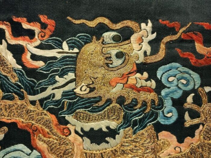 19th century chinese silk and metallic thread dragon embroidery 6688