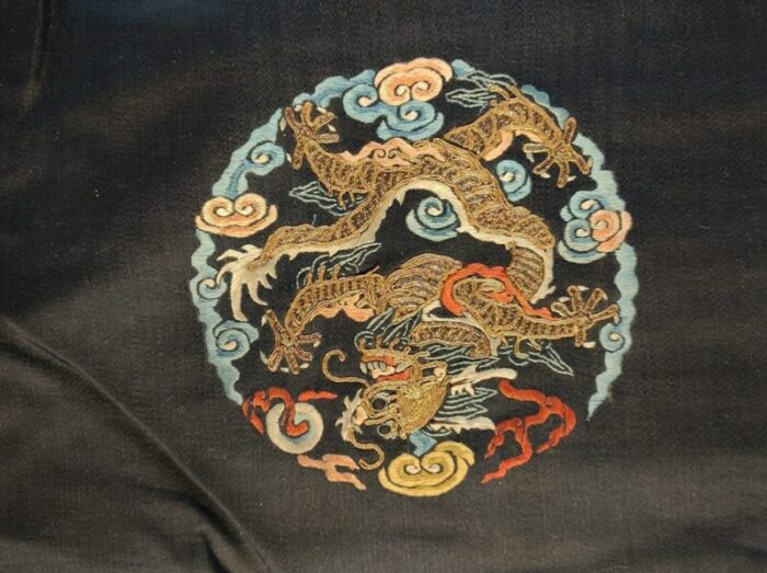 19th century chinese silk and metallic thread dragon embroidery 9313