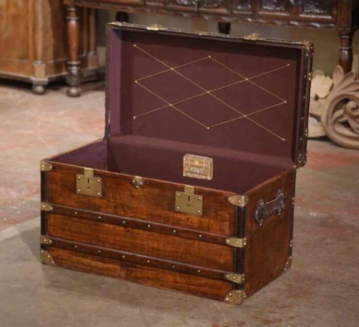 19th century french poplar brass and leather trunk luggage by maison moynat paris 3610