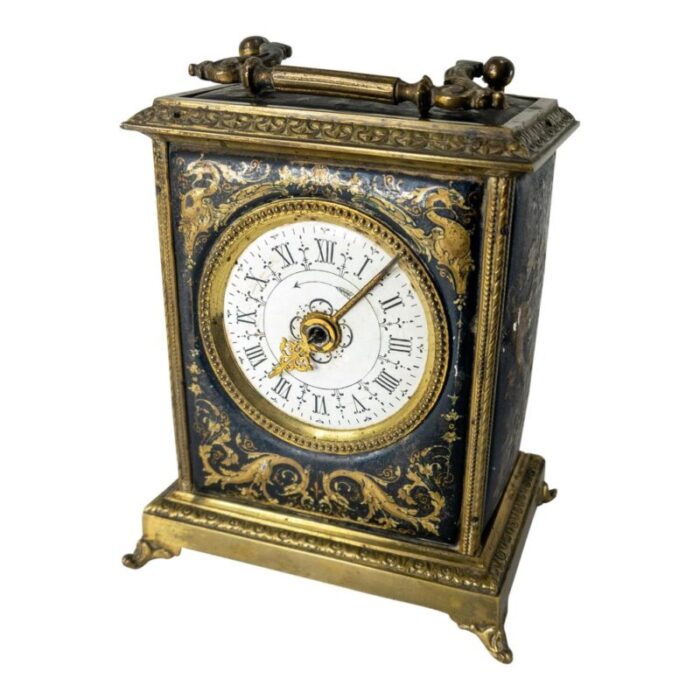 19th century gilt brass tin and enamel carriage alarm clock 1