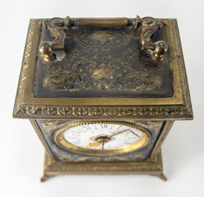 19th century gilt brass tin and enamel carriage alarm clock 4