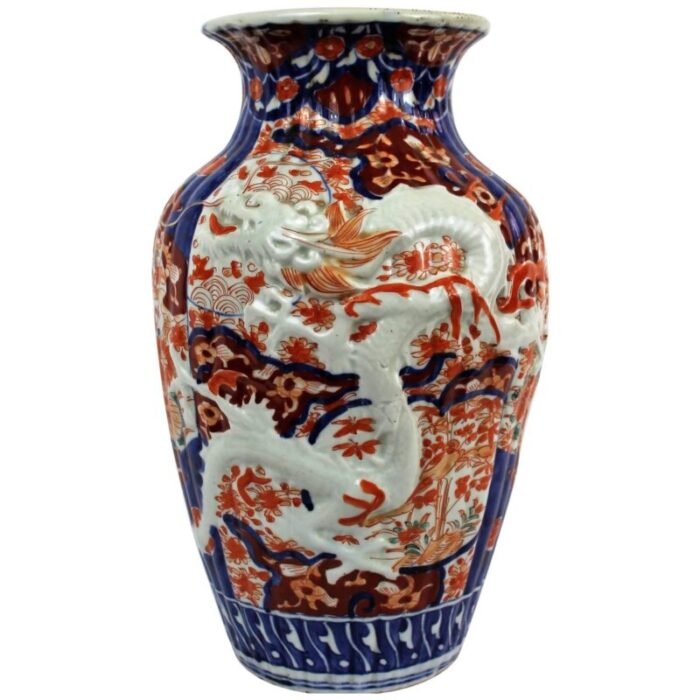 19th century imari porcelain baluster vase with dragon relief decoration 1