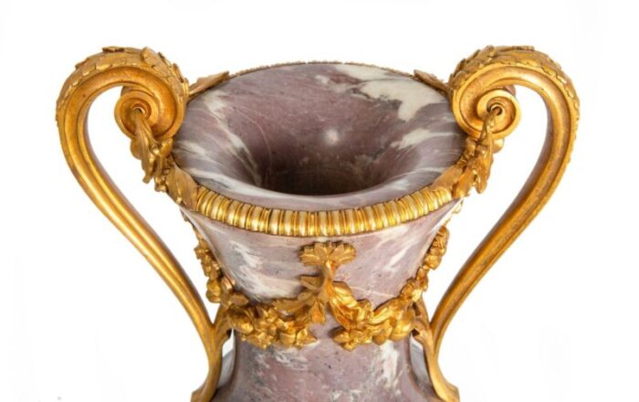 19th century pair of french louis xvi style antique bronze violet marble vases 6796