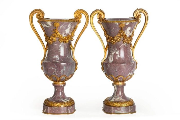 19th century pair of french louis xvi style antique bronze violet marble vases 7537