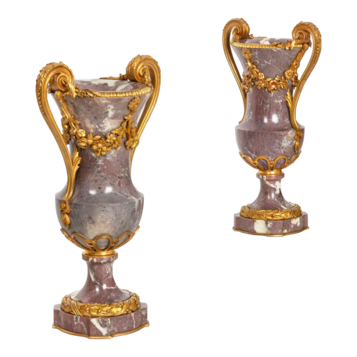 19th century pair of french louis xvi style antique bronze violet marble vases 7742