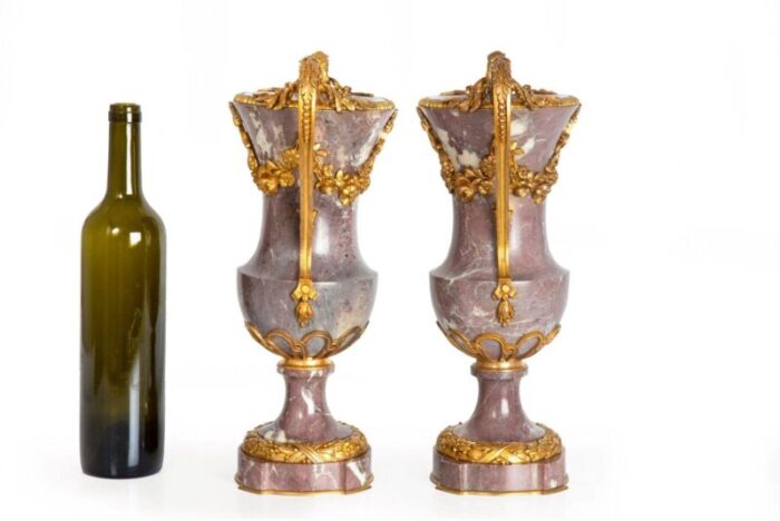 19th century pair of french louis xvi style antique bronze violet marble vases 8405