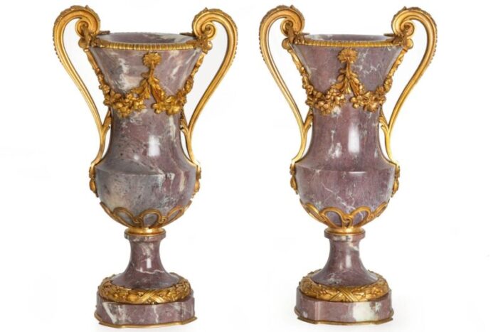 19th century pair of french louis xvi style antique bronze violet marble vases 9071