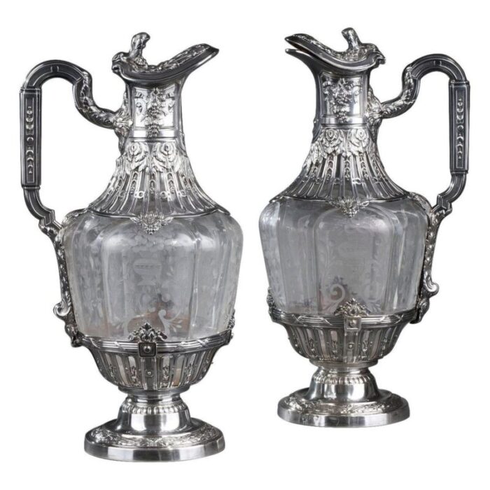 19th century silver crystal engraved ewer set of 2 1