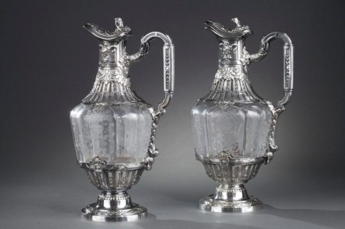 19th century silver crystal engraved ewer set of 2 2