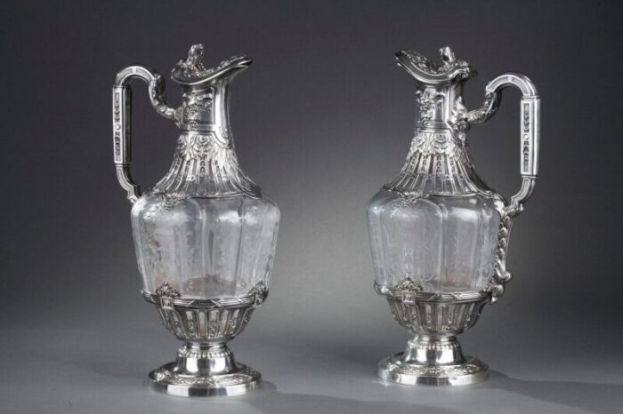 19th century silver crystal engraved ewer set of 2 3