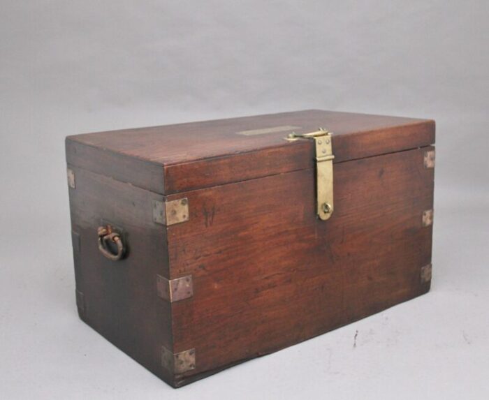 19th century teak and brass bound campaign trunk 1