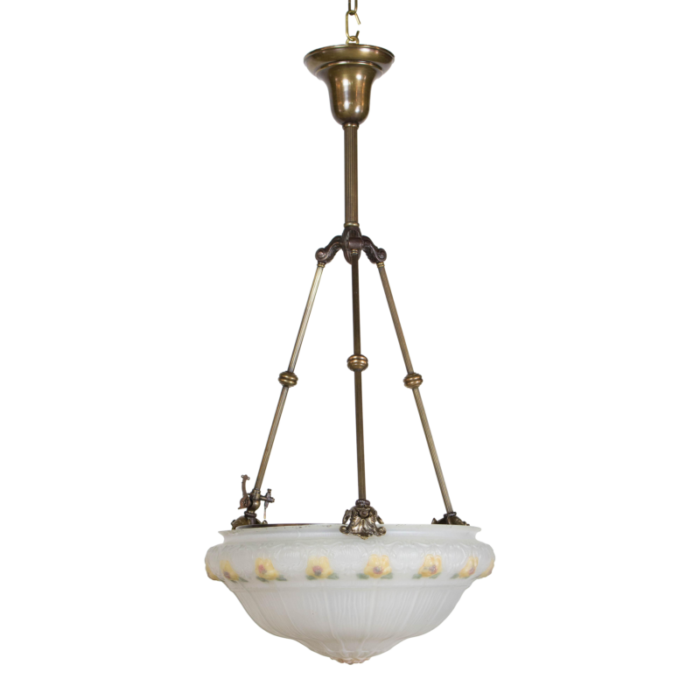 19th century yellow floral glass bowl pendant light fixture 5933