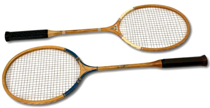 2 vintage mid 20th century american hand made laminated wood badminton rackets in beautiful condition 8064