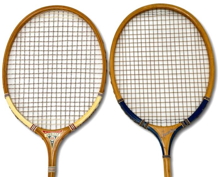 2 vintage mid 20th century american hand made laminated wood badminton rackets in beautiful condition 8206