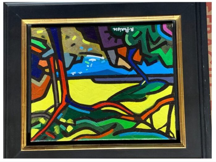 20th century abstract french beach seaside landscape painting framed 7606