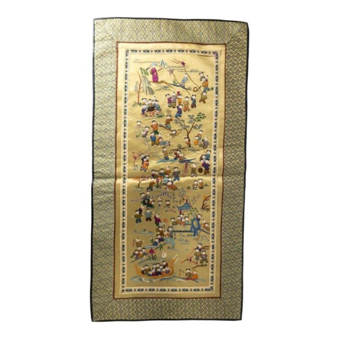 20th century chinese silk embroidered panel with 100 boys theme 1