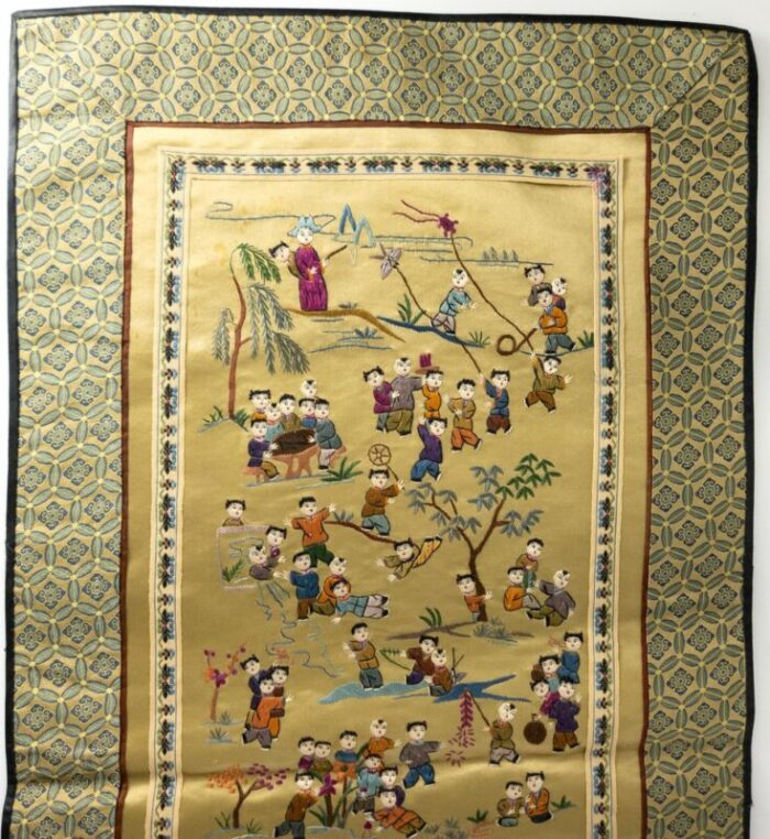 20th century chinese silk embroidered panel with 100 boys theme 2