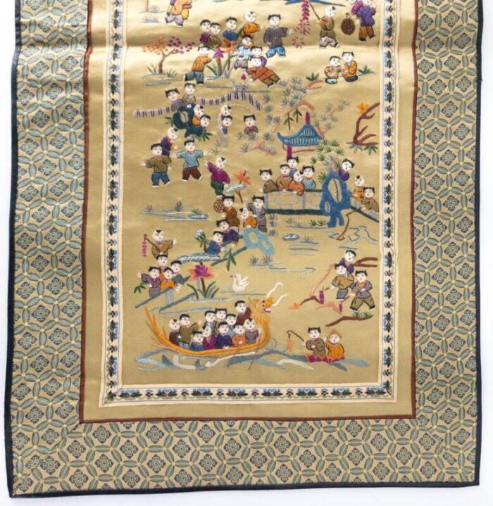 20th century chinese silk embroidered panel with 100 boys theme 3