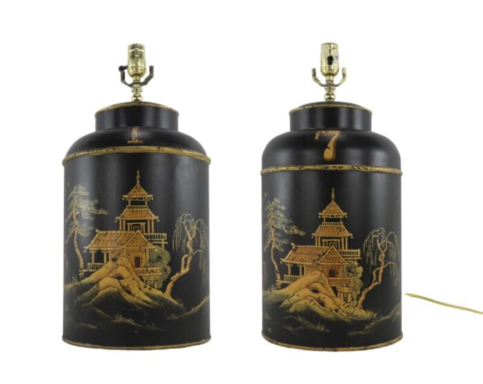 a pair of vintage english export chinoiserie hexagonal tea caddies table lamps 4568