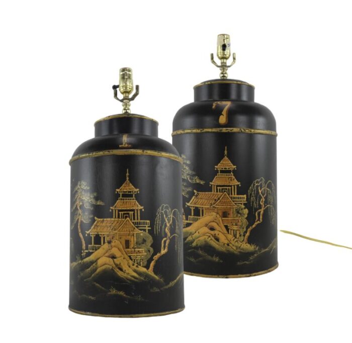 a pair of vintage english export chinoiserie hexagonal tea caddies table lamps 6606