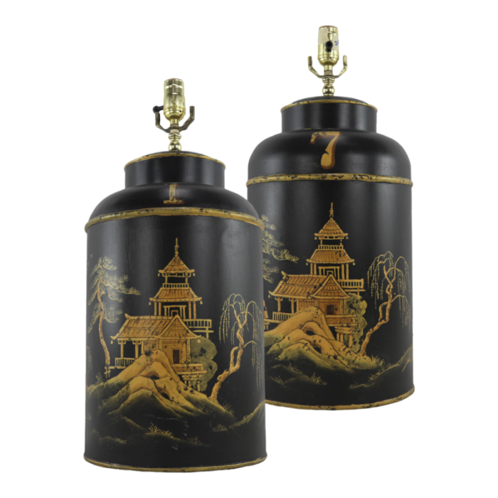 a pair of vintage english export chinoiserie hexagonal tea caddies table lamps 6973