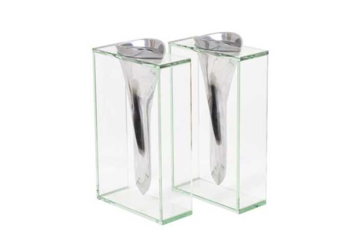 aluminum and glass vases by lisa mori 1980s set of 2 1