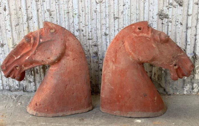 ancient han dynasty gray red pottery horse heads set of 4 13