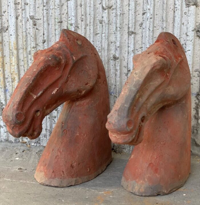 ancient han dynasty gray red pottery horse heads set of 4 14