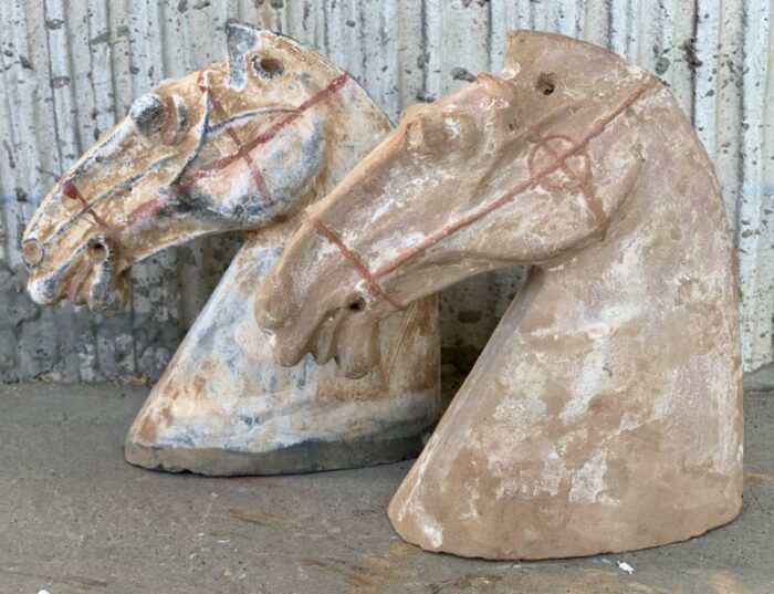 ancient han dynasty gray red pottery horse heads set of 4 5